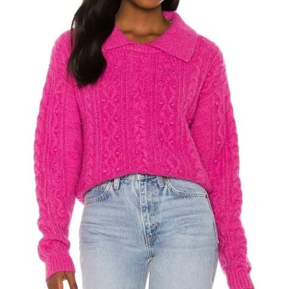 Free People Women Hot Pink Cable Knit Bobble Collared Sweater Size Large Fuchsia
